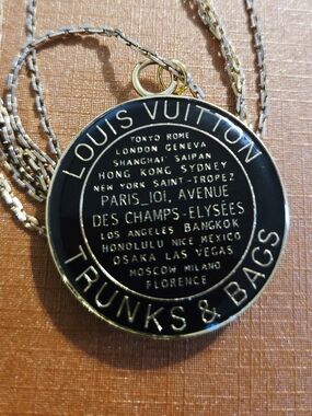 Louis Vuitton Black and Gold Logo Disc Pendant Necklace